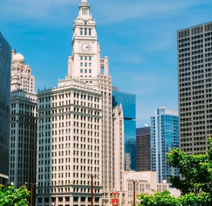 A view of the city skyline from across the street.